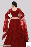 Maroon net lehenga set with embroidered top, bottom, and dupatta. Semi-stitched size 42x44 in or unstitched option available, made in India." (108 characters)