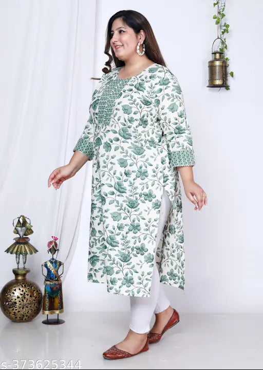 Green and white floral print plus size cotton straight kurta for women, three-quarter sleeves
