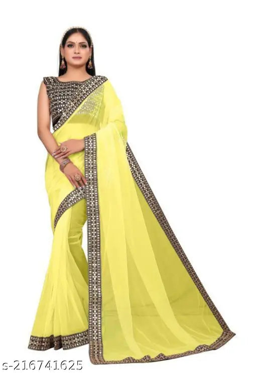 Fancy mirror saree, net with satin silk blouse, embroidered design, high-quality Indian handcraft