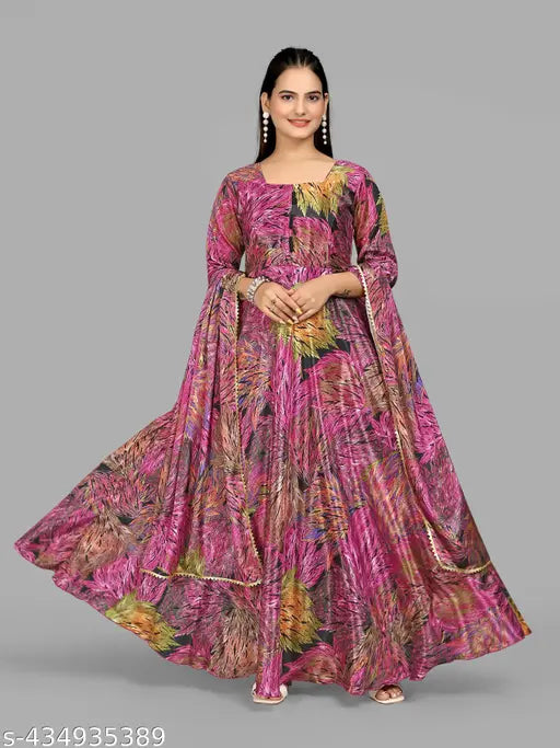 Digital floral print floor length Anarkali gown, high-quality poly silk with long sleeves. Exquisite design for weddings or special occasions. Made in India