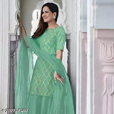 Rayon printed kurta sharara set with net dupatta & cotton bottomwear on display, traditional Indian women's fashion in vibrant prints