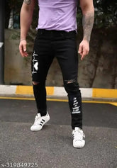 Designer Monster printed jeans, men's slim fit denim with black knee cut and solid version, size options include 28, 30, 32, Indian origin
