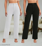 Trendy women's black white cotton blend regular fit trousers combo pack of 2, size-specific (26in, 39in to 34in, 42in)