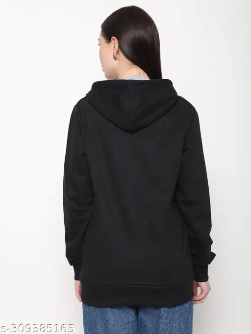 Women's black cotton pullover sweatshirt with typography print, long sleeves, hooded design, and two kangaroo pockets. Made in India