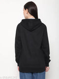Women's black cotton pullover sweatshirt with typography print, long sleeves, hooded design, and two kangaroo pockets. Made in India