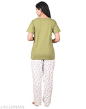 Cotton night suit t-shirt & pyjama set, printed pattern, short sleeves, regular fit, suitable for L (40in bust, 27in top, 27in waist, 40in bottom), XL (42in bust, 28in top, 28in waist, 41in bottom), XXL (44in bust, 29in top, 29in waist, 42in bottom). Made in India