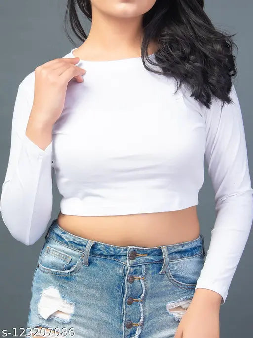 Cotton long sleeve crop top, white, flattering fit, premium quality, versatile style