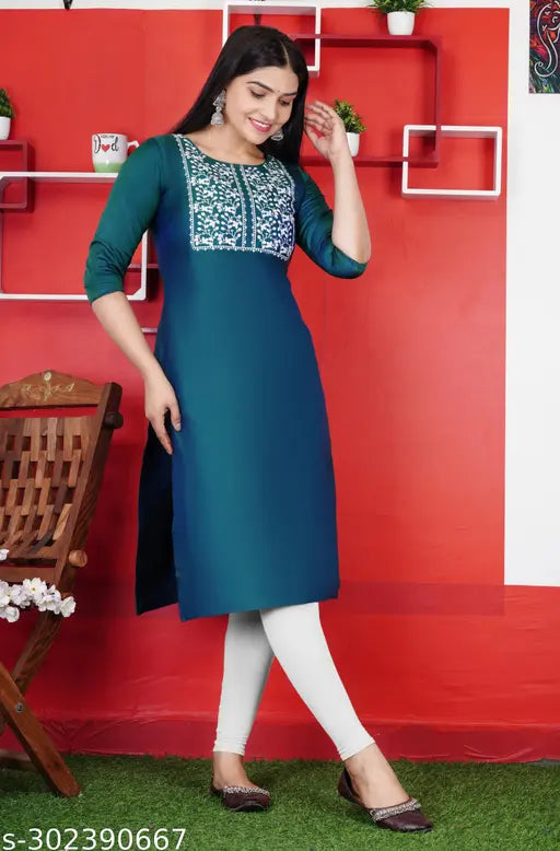 Art Silk Embroidered Kurta, three-quarter sleeves, Indian women's fashion accessory