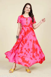 Pink tie-dye rayon short sleeve gown with lace work, comfortable cotton lining, various sizes available