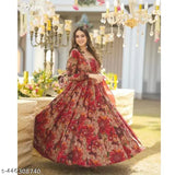 Flower print georgette long-sleeved Anarkali kurti with dupatta (no bottomwear) - vibrant, contemporary Indian dress for women & girls (S, M, L, XL, XXL sizes available)