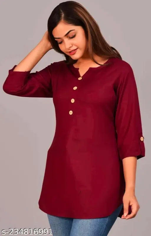 Maroon rayon crepe printed kurti for women - best selling casual wear, great quality at lowest price