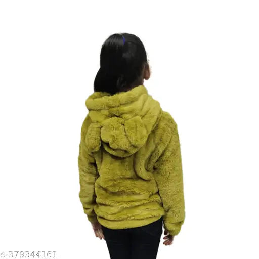 Kids girls faux fur sweatshirt, polyester self-design, hooded neck & pockets, warm winter wear