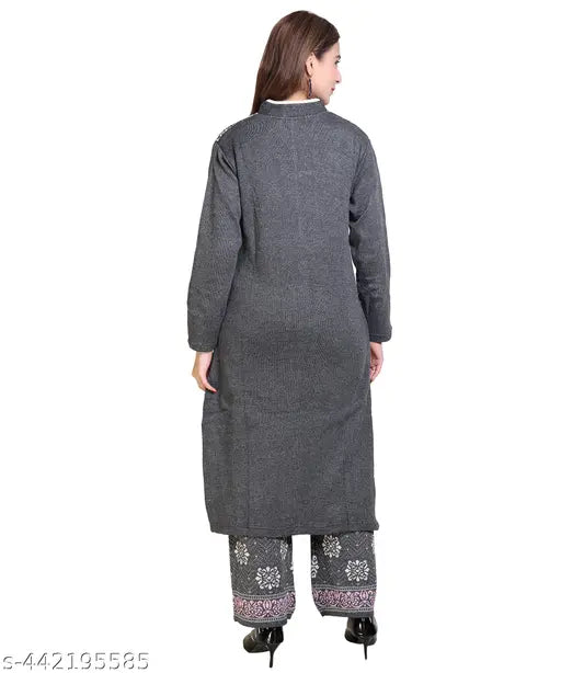 Wool Plazzo Suit: Single free size three-quarter sleeve winter wool kurta with palazzos, printed net design