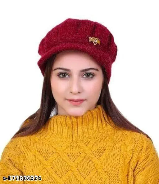 Red wool beanie hat, warm embroidered winter cap for girls and women