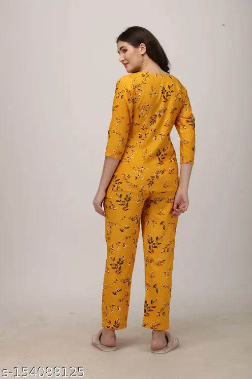 Rayon night suit top and pant set, printed, cozy, comfortable, stylish for women and girls. Includes pockets in both top and bottom. Indian-made