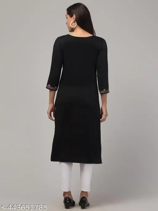 Woolen embroidered kurti, three-quarter sleeves, vibrant Indian handcrafted apparel - S (38in bust, 42in length), M (40in bust, 42in length), L (42in bust, 42in length)