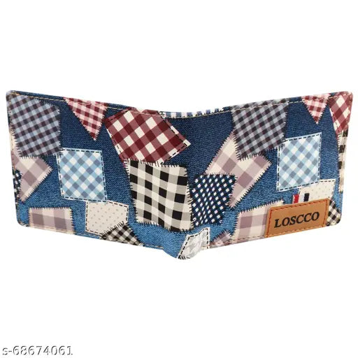 Blue Faux Leather Men's Wallet with 2 compartments, printed net pattern, and stitching detail