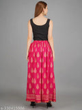 Rajasthani Jaipuri pink rayon flared skirt, traditional ethnic print with elastic waistband and full length, perfect for casual Indian wear