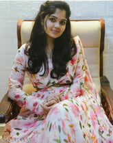 White Georgette Anarkali Gown Set with Dupatta, printed pink floral design, long sleeves, for women and girls