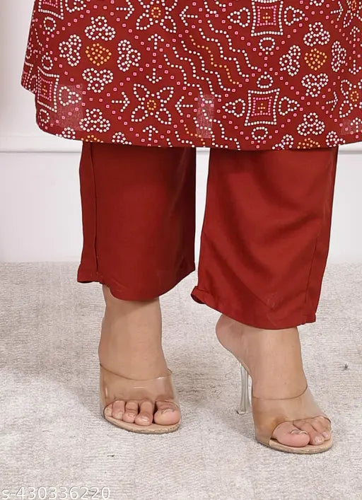 Maroon rayon embroidered bandej print kurta set with rayon pants, party wear for women