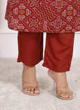 Maroon rayon embroidered bandej print kurta set with rayon pants, party wear for women
