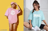 Cotton blend oversize t-shirt with pink and sky blue print for women, three-quarter sleeves, available in sizes S, M, L, XL, XXL
