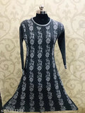 Grey woolen Anarkali printed kurti, long-sleeved women's fashion piece for free size (36in bust, 42in length), Indian origin