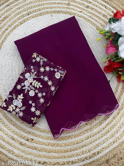 Georgette saree in solid pattern with zari woven net and sequins embroidery, India-origin Adrika Voguish Free Size