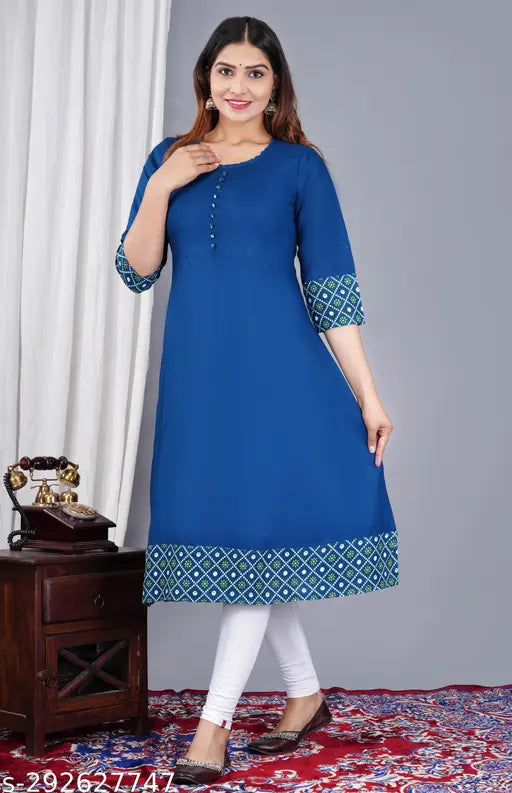 Rayon flared printed kurta, three-quarter sleeves, traditional Indian fashion for functions & festivals