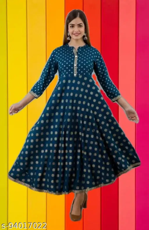 Royal blue rayon gown with gold print, three-quarter sleeves, Indian origin - perfect for functions, parties, or formal events