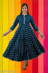 Royal blue rayon gown with gold print, three-quarter sleeves, Indian origin - ideal for events