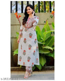Floral printed Viscose/Chanderi cotton women's Straight Kurta & Pant Set with Dupatta, three-quarter sleeves, size S-XXL, India origin