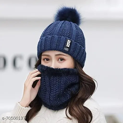 Navy Blue fleece-lined wool beanie hat with pom pom for women, warm and stylish winter accessory