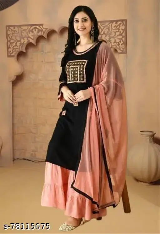 Rayon Alisha Fabulous Women Kurta Set, embroidered three-quarter sleeve design with dupatta and bottomwear, Indian women's fashion on display. (M: 38in bust, L: 40in bust, XXL: 44in bust, XXXL: 46in bust, 4XL: 48in bust)