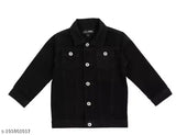 Dark black denim jacket for kids, solid pattern, long sleeves, smart style made in India