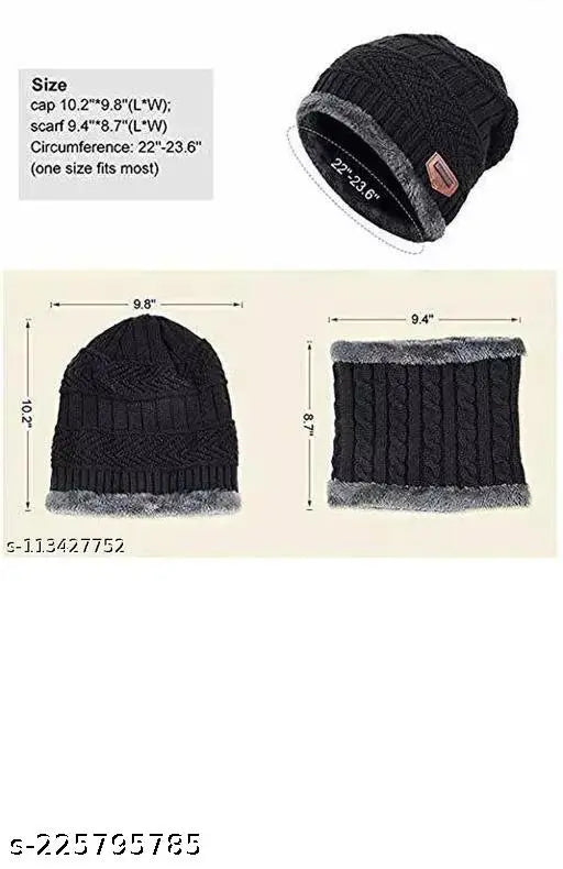 Trendy black woolen beanie cap with neck warmer & cotton gloves set - Warm winter protection for men & women