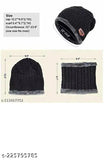 Trendy black woolen beanie cap with neck warmer & cotton gloves set - Warm winter protection for men & women