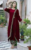 Maroon embroidered rayon kurti plazo set with pants, solid net pattern, three-quarter sleeves, various sizes available for women, India origin