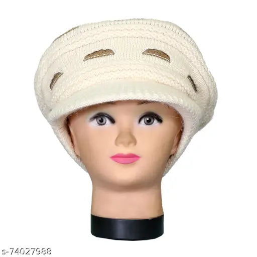 Warm, textured woolen cap for women & girls, premium quality and stylish, Bizarroin WC1229MTHFLAPBEG