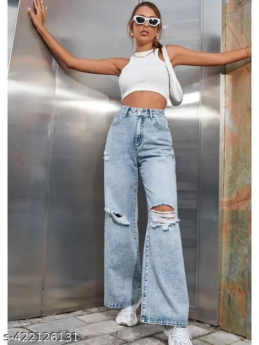 Women's denim baggy bell bottom cargo jeans with cut-out net detail, new style - size 26, 28, 30, 34 inches (Made in India)