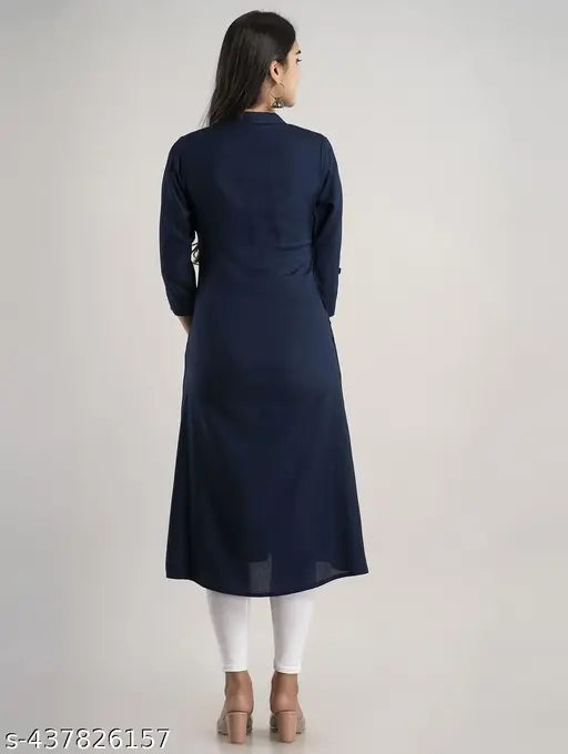 Navy blue rayon A-line mandarin kurti for women, solid pattern, three-quarter sleeves