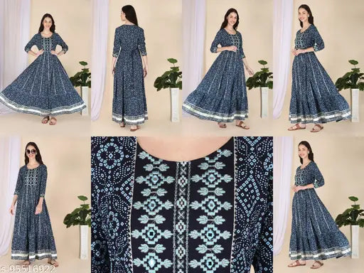 Rayon, embroidered Kalamkari print Anarkali Kurta with Gotta lace. SANGAKURTI women's three-quarter sleeve kurti, suitable for various occasions. India origin