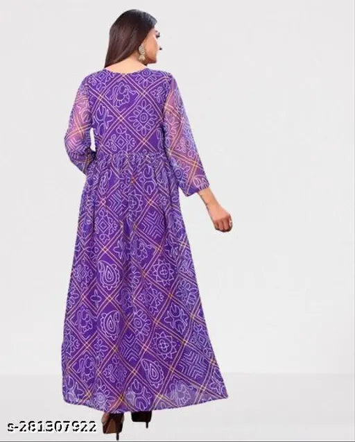 Blue Bandhni Kurta with printed combo, long sleeves, digital print on heavy Georgette. Indian clothing for women, size S-XXXL (36in - 44in bust)