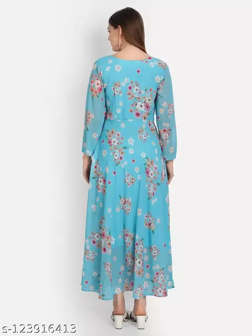Sky blue printed georgette dress with long sleeves, ideal for pretty women