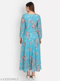 Sky blue printed georgette dress with long sleeves, ideal for pretty women