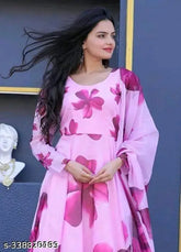 Georgette gown with dupatta, printed Indian women's fashion, long sleeves, sizes S-XXL