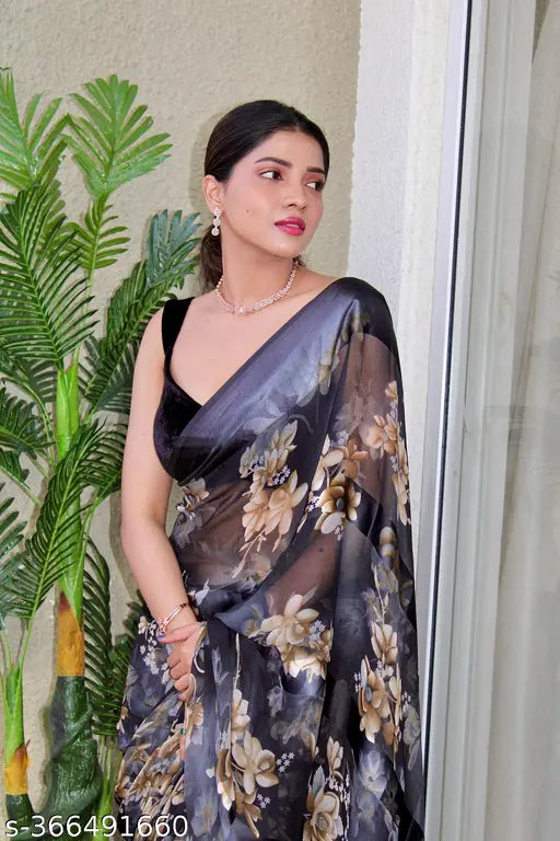 Multicolor chiffon Sattin Patta saree with unstitched blouse, trendy Indian ethnic wear, free size