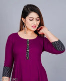 Purple rayon, round pleated flared kurti with three-quarter sleeves for women. Machine washable, hand wash recommended. One piece included. Size declaration: choose two inches larger than body measurement. Color may vary due to lighting sources or monitor settings. Made in India