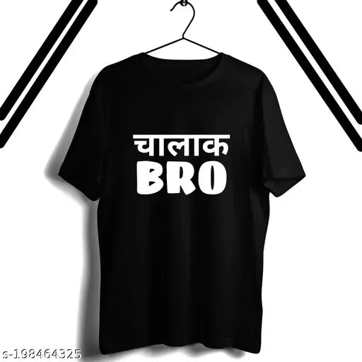 Black cotton half sleeve chalak bro typography t-shirt with premium quality, round neck, men's fashionable design for trendy wear. Made in India with eco-friendly organic dyes and soft, non-toxic water-based inks