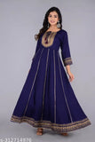 Blue gold printed Anarkali long kurta with dori tassel works, rayon fabric, three-quarter sleeves